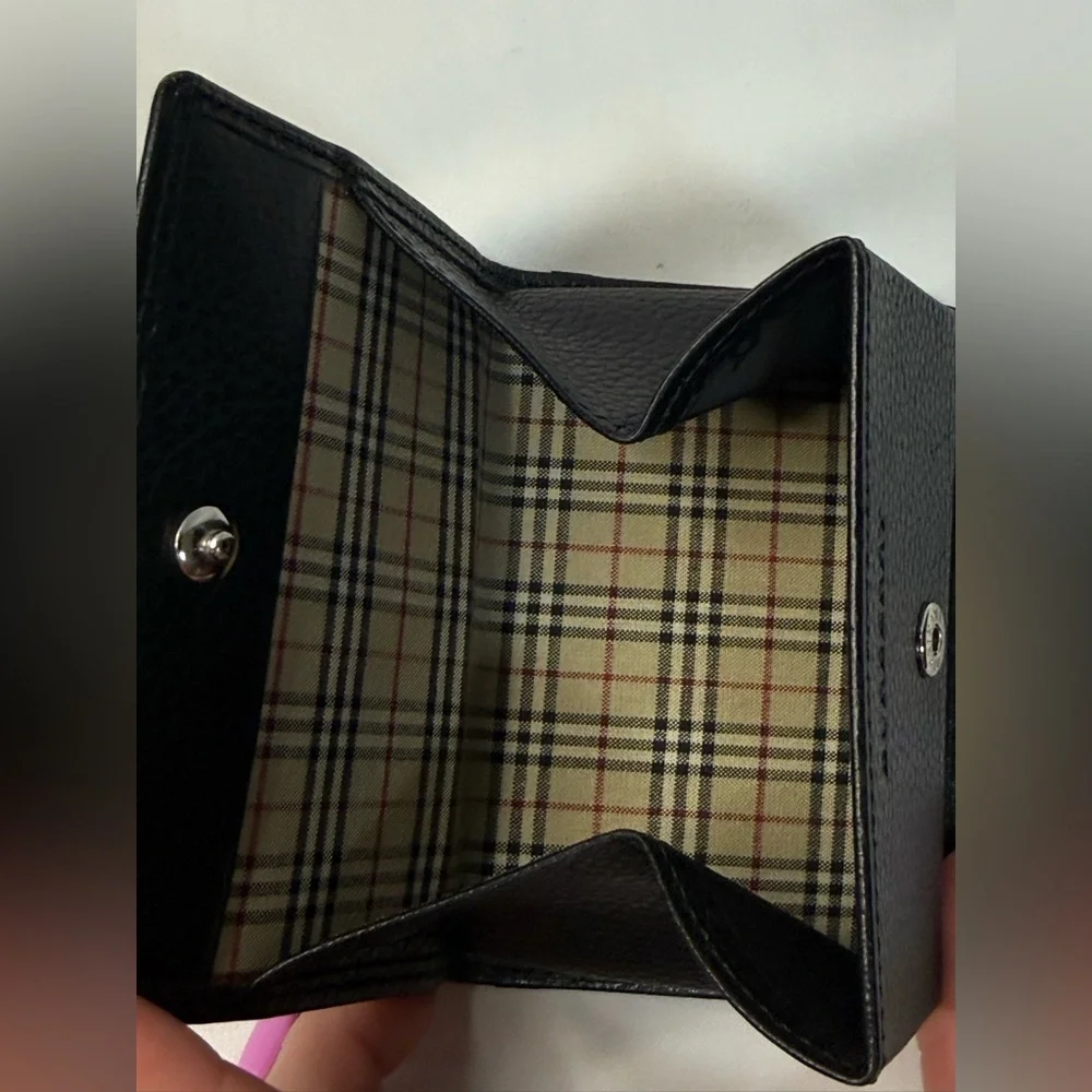 Burberry Pebbled Leather Mini Wallet Black Nova Check Interior w Box